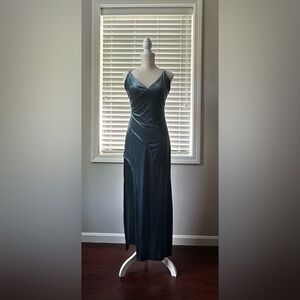 EUC women’s blue velour gown with side slit.